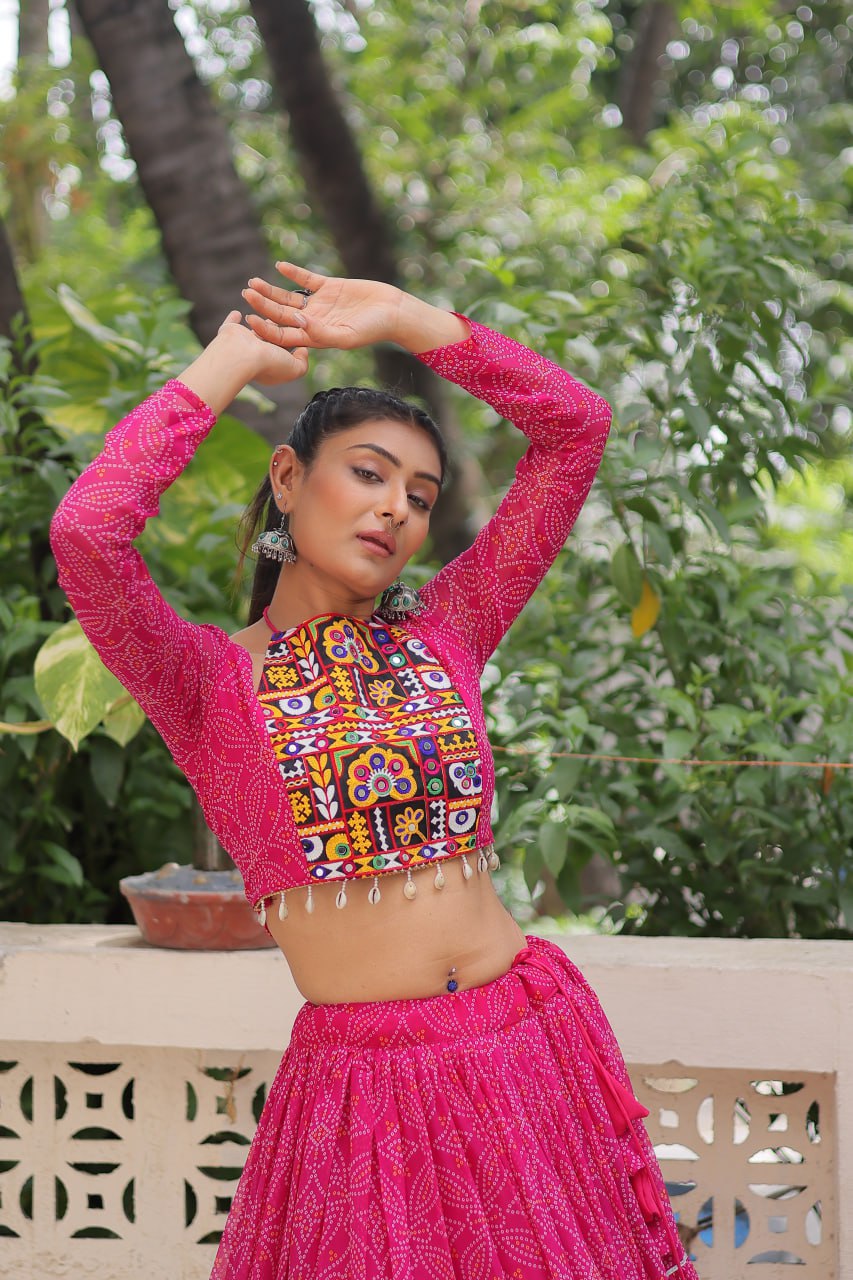 Georgette Bandhej Print with Gotta Patti Lace Work lehenga choli
