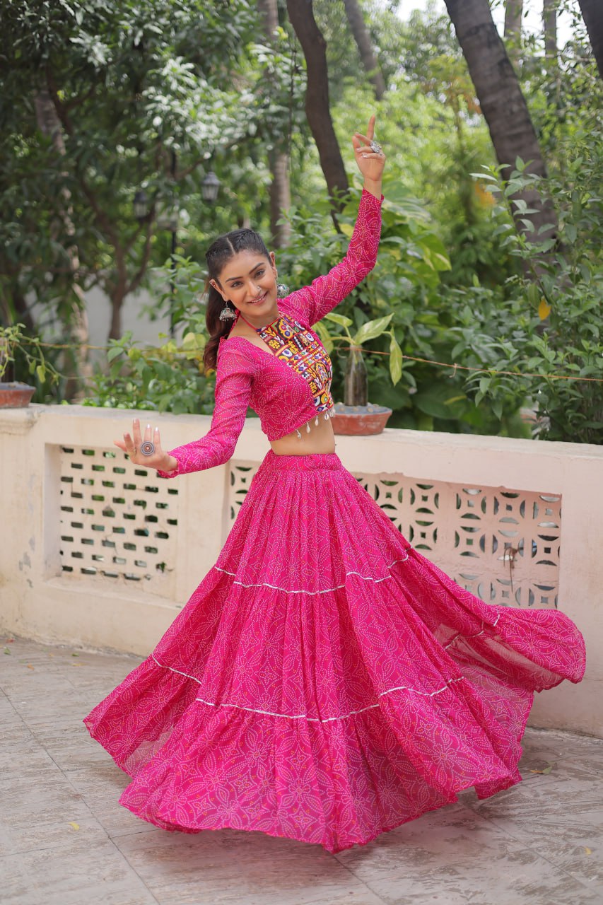 Georgette Bandhej Print with Gotta Patti Lace Work lehenga choli