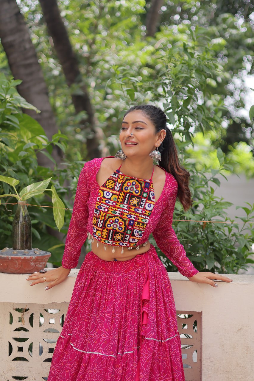 Georgette Bandhej Print with Gotta Patti Lace Work lehenga choli