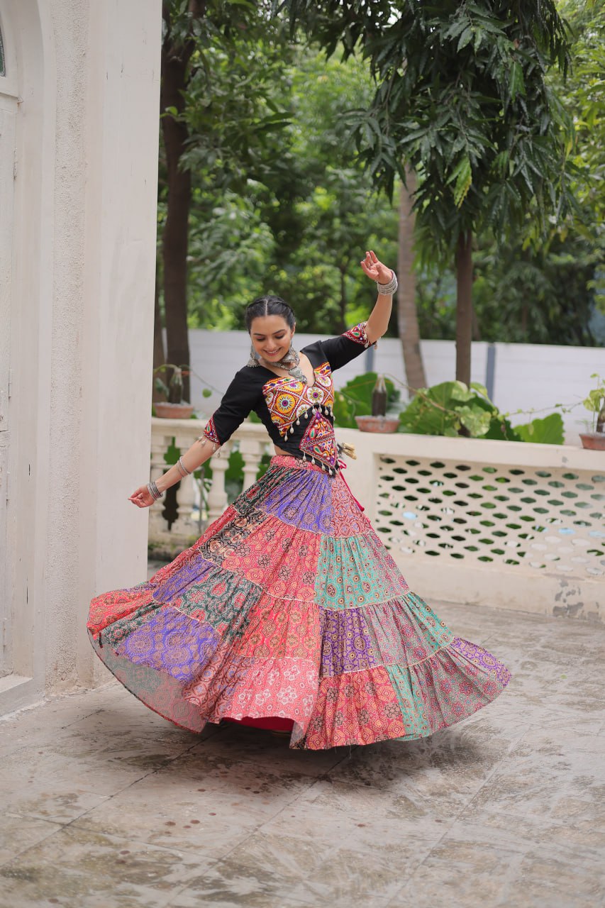 Multicolor Cotton Print with With Gotta lace Work Lehenga choli For Garba