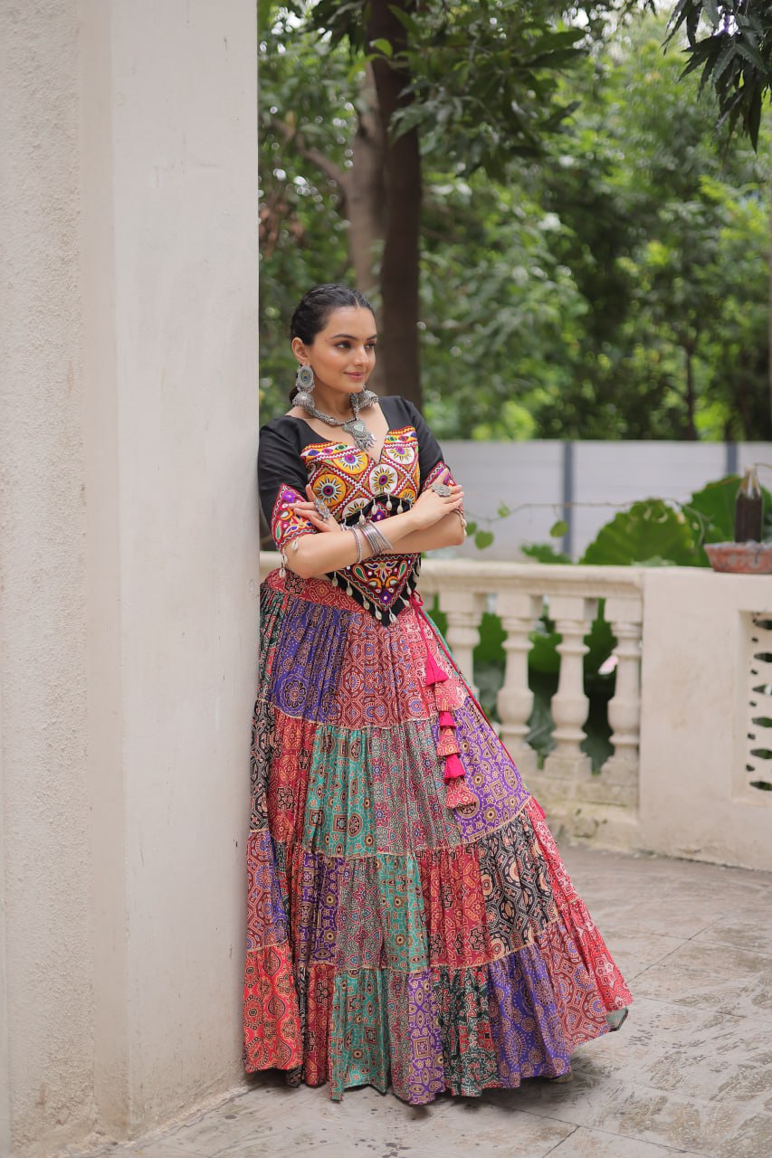 Multicolor Cotton Print with With Gotta lace Work Lehenga choli For Garba