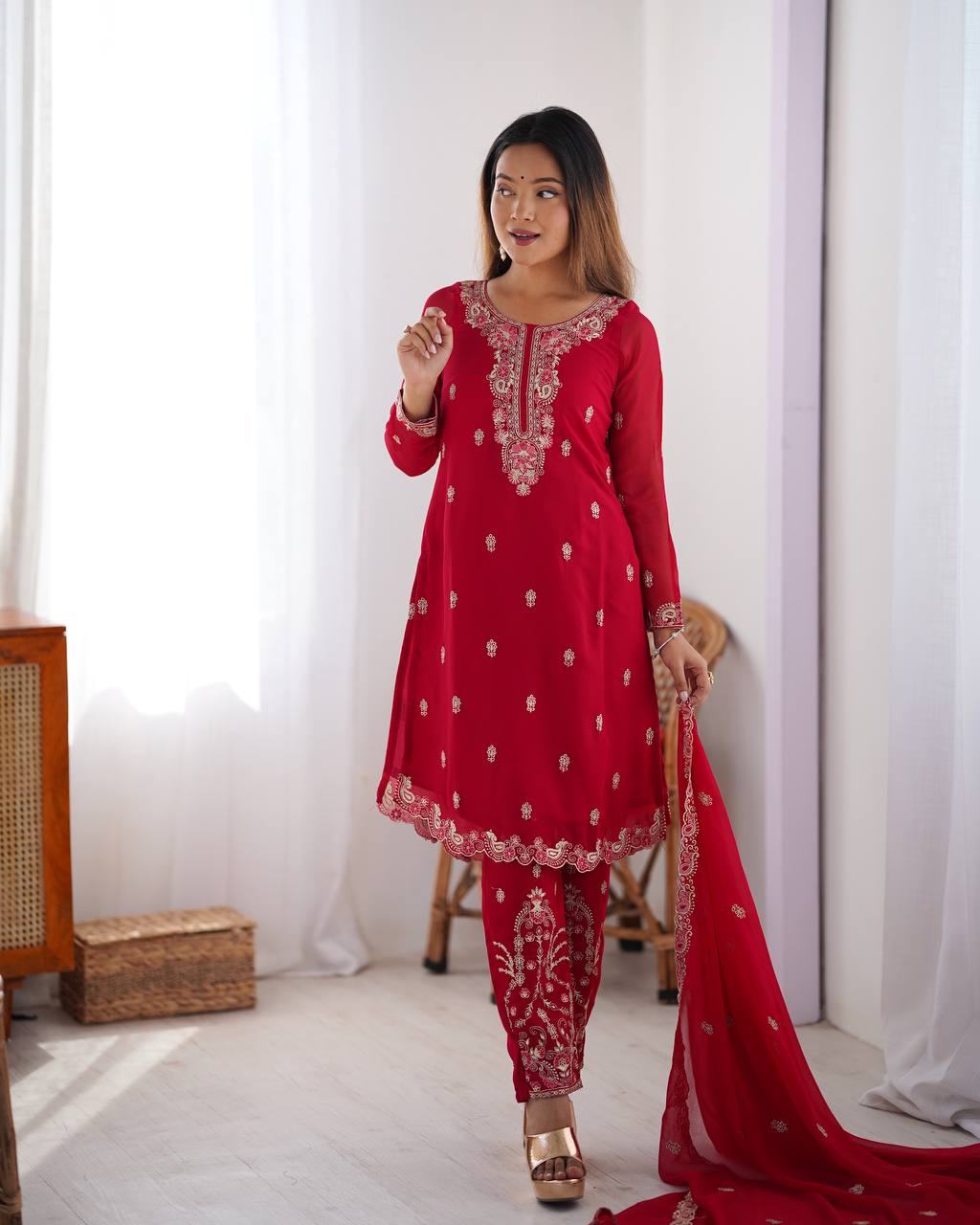 Red Kurta Pant Set For Women