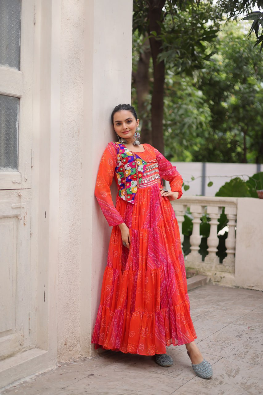 pink and red Laheriya and bandhej print with katchi patch work faux georgette