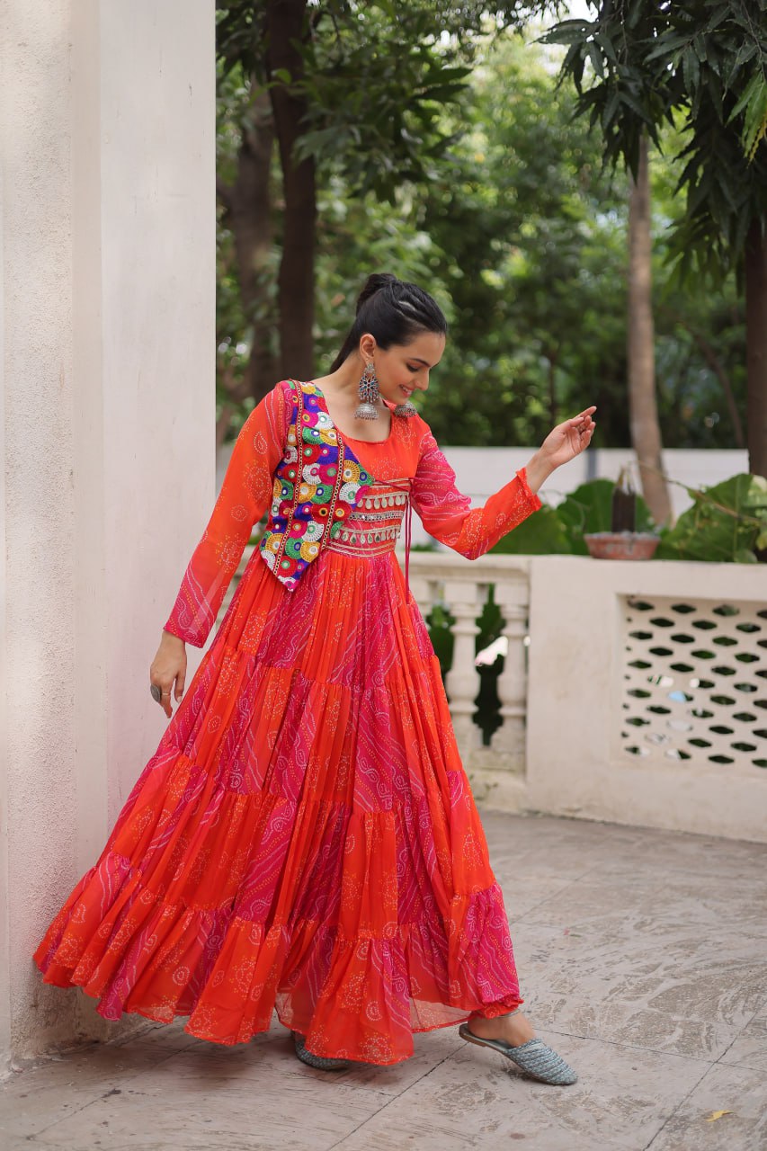 pink and red Laheriya and bandhej print with katchi patch work faux georgette