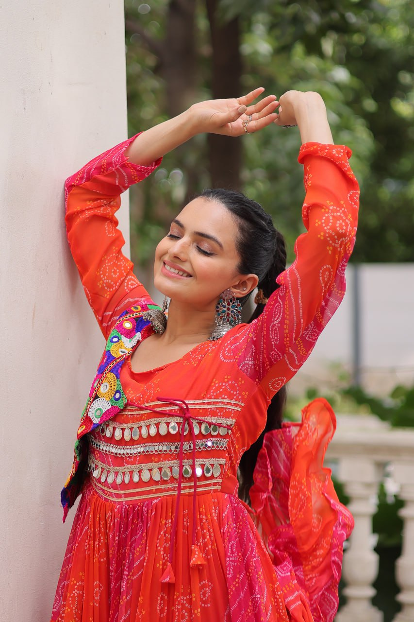 pink and red Laheriya and bandhej print with katchi patch work faux georgette