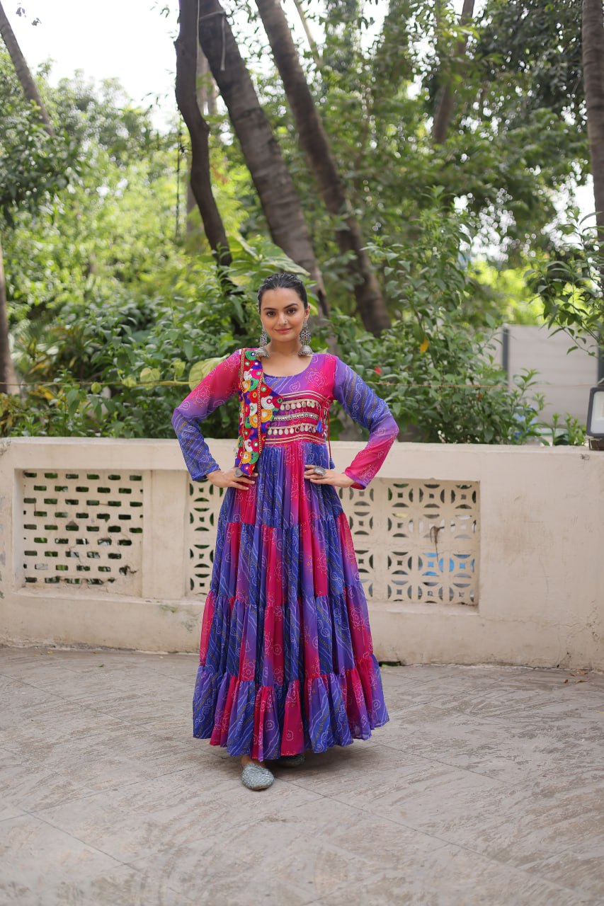 Pink and blue Laheriya and bandhej print with katchi patch work faux georgette