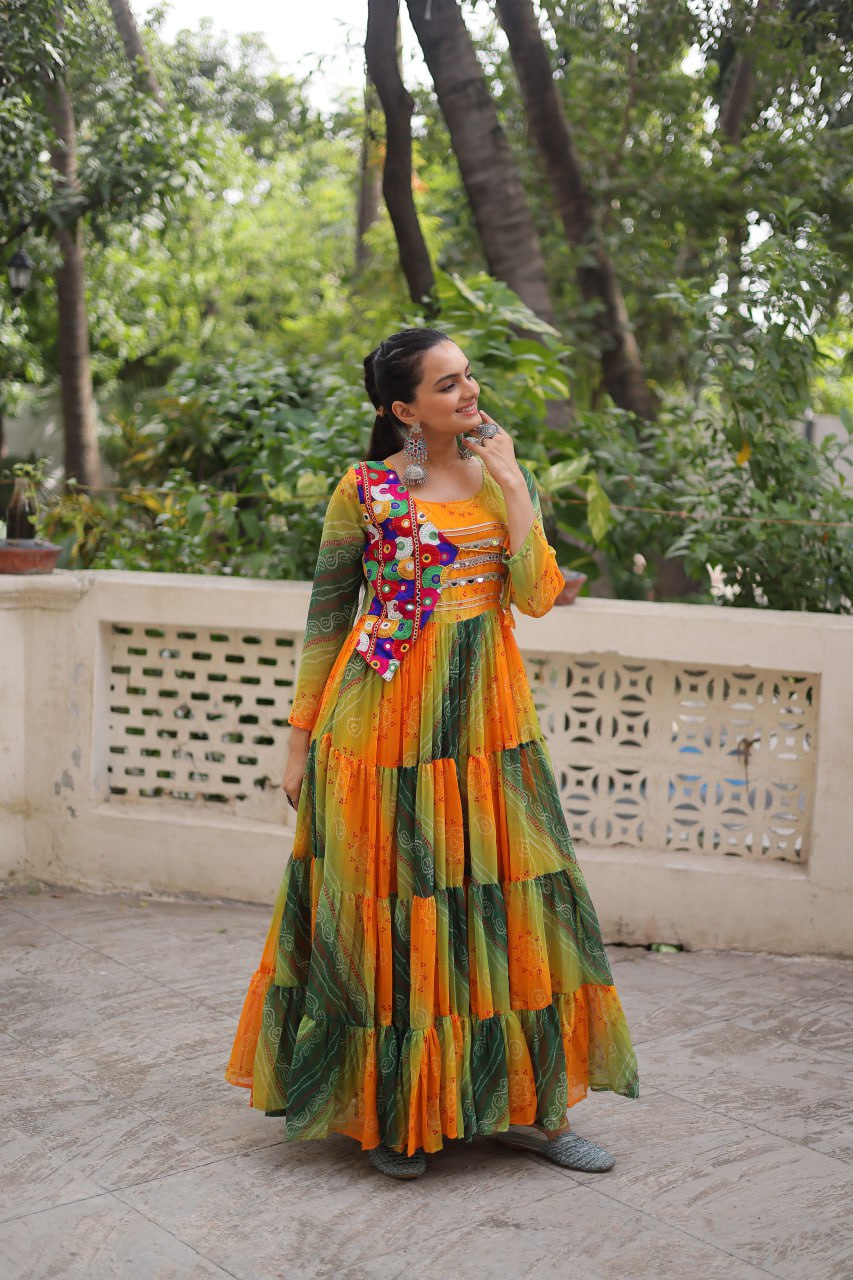 Yellow and green faux georgette Laheriya and bandhej print with katchi patch work gown