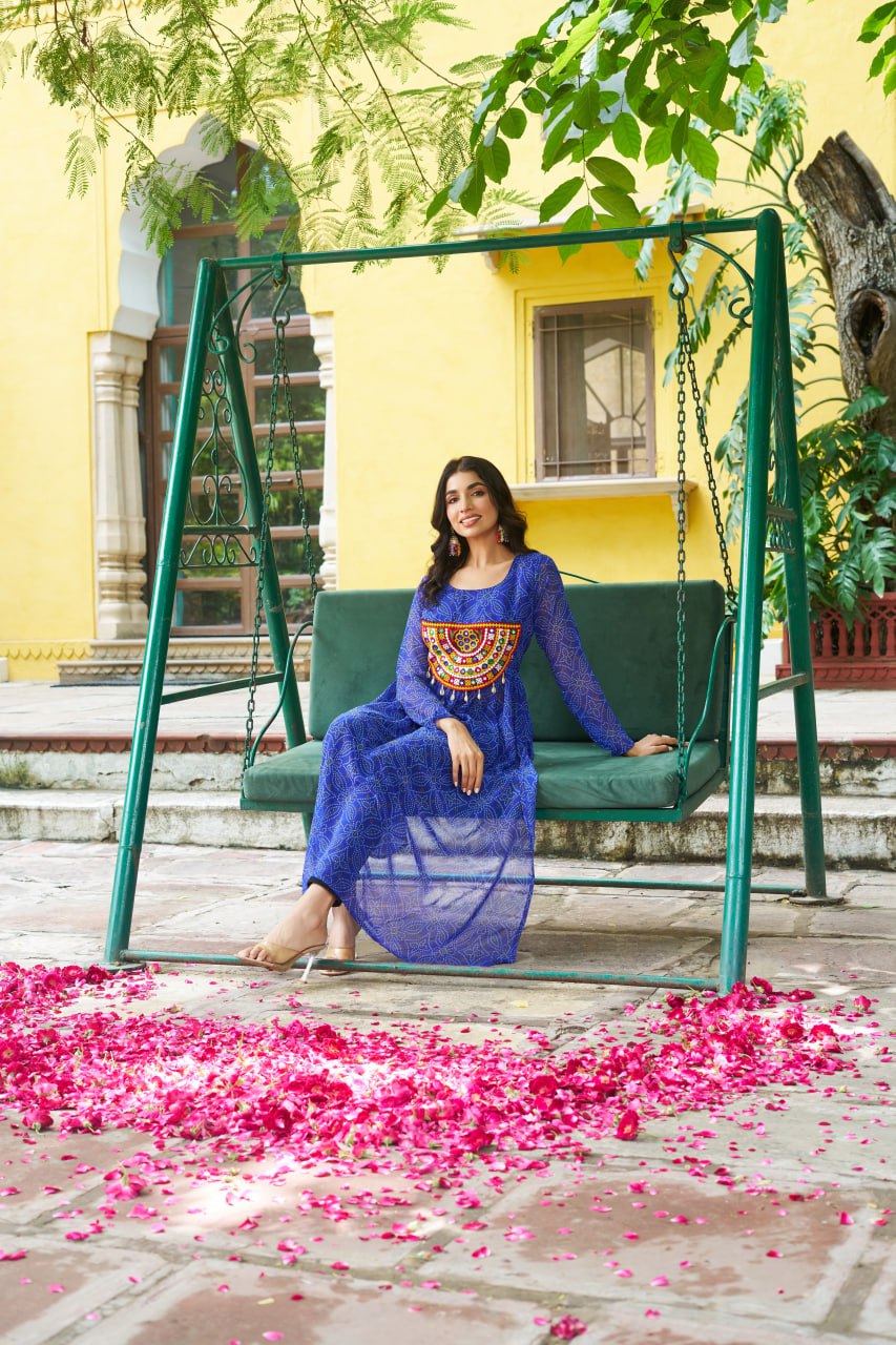 Blue banthej print and katchi patch work Garba Outfits Online