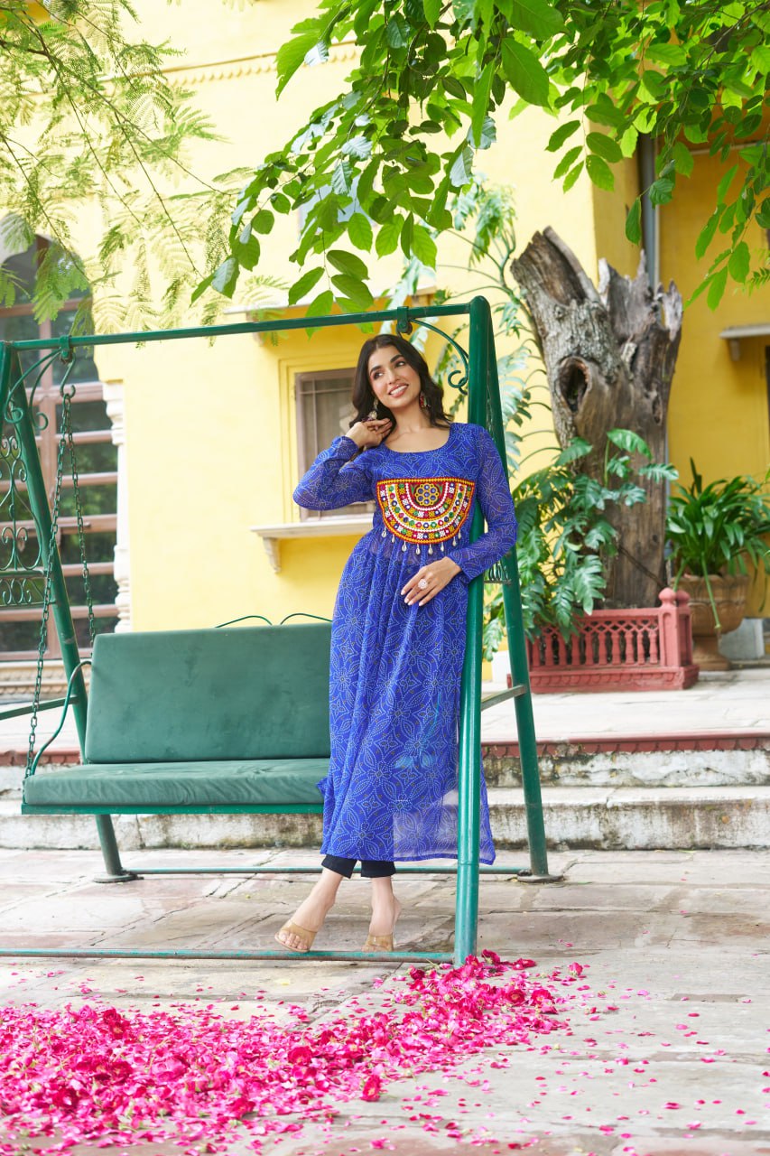 Blue banthej print and katchi patch work Garba Outfits Online