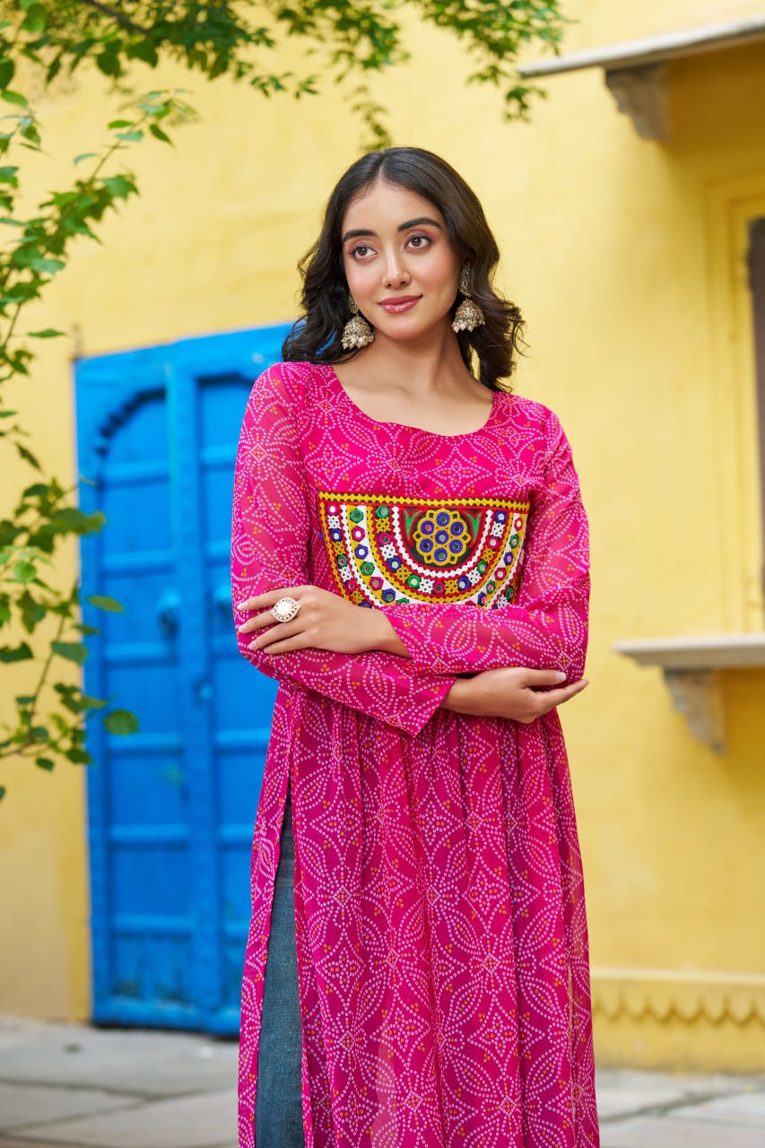 Pink banthej print and katchi patch work Garba Outfits Online