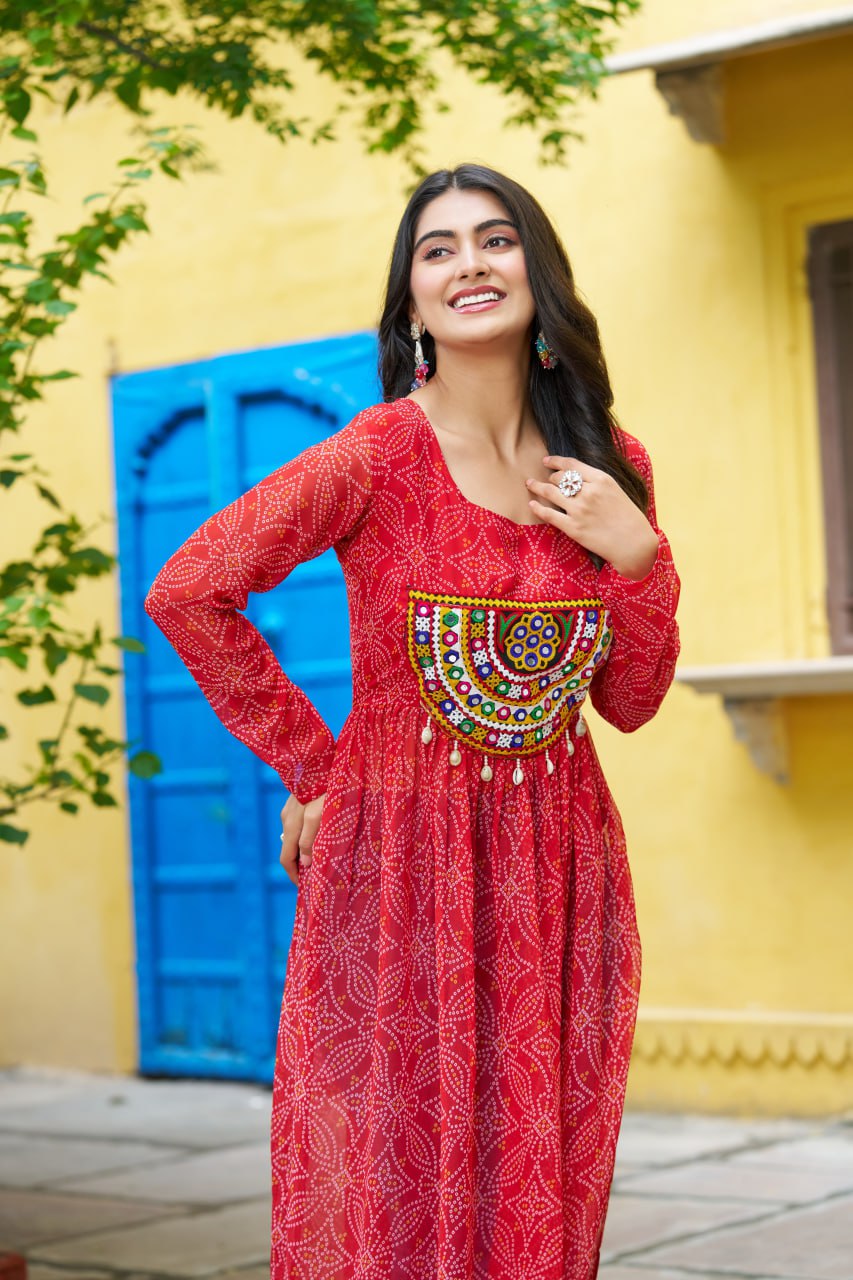 Red banthej print and katchi patch work Garba Outfits Online