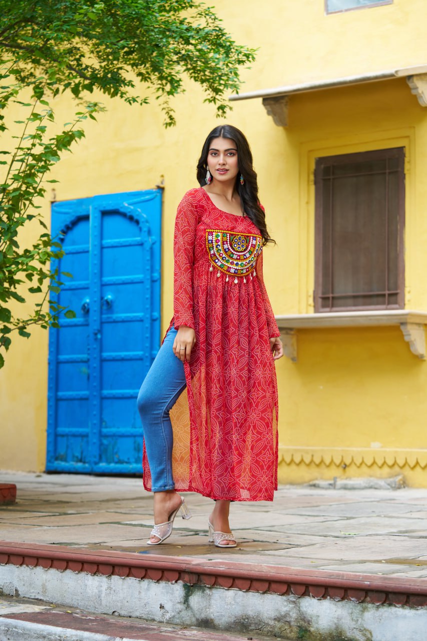 Red banthej print and katchi patch work Garba Outfits Online
