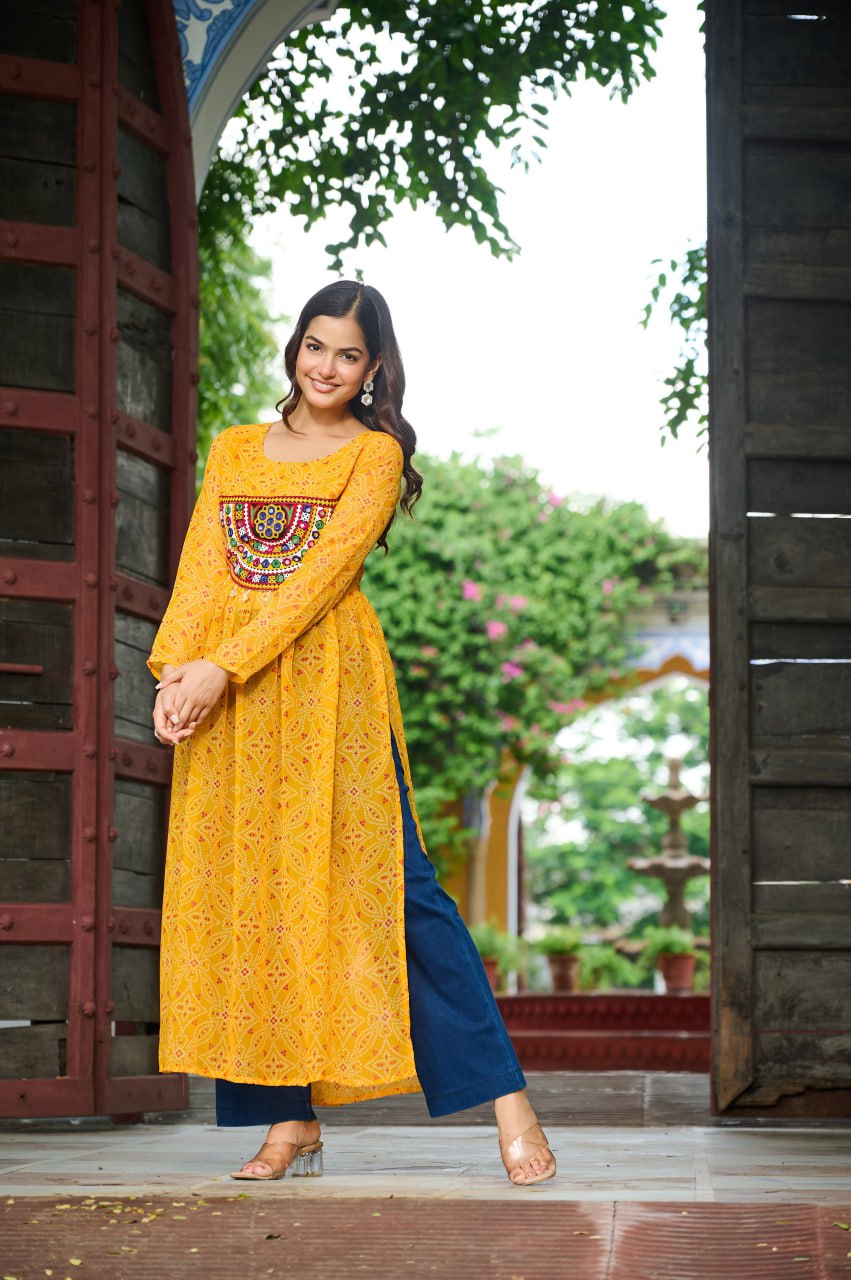 Yellow banthej print and katchi patch work Garba Outfits Online