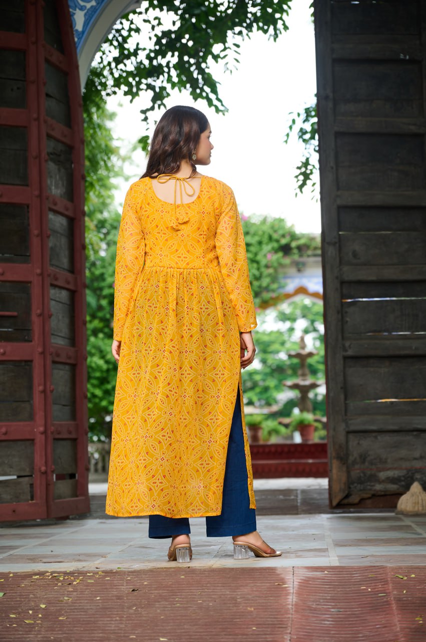 Yellow banthej print and katchi patch work Garba Outfits Online