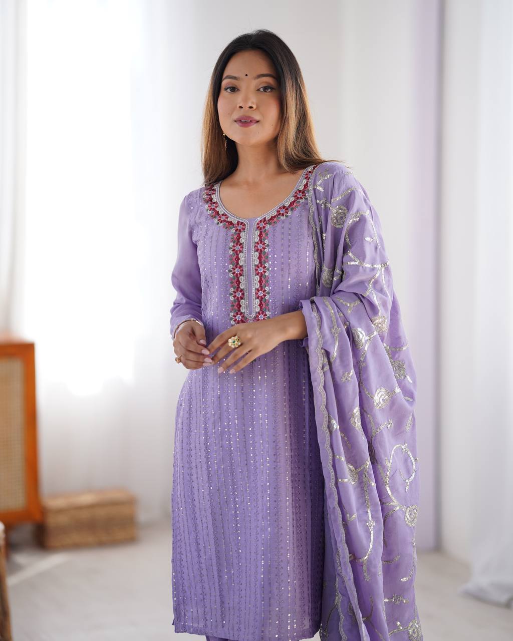Lite Purple Chinon Kurta Set