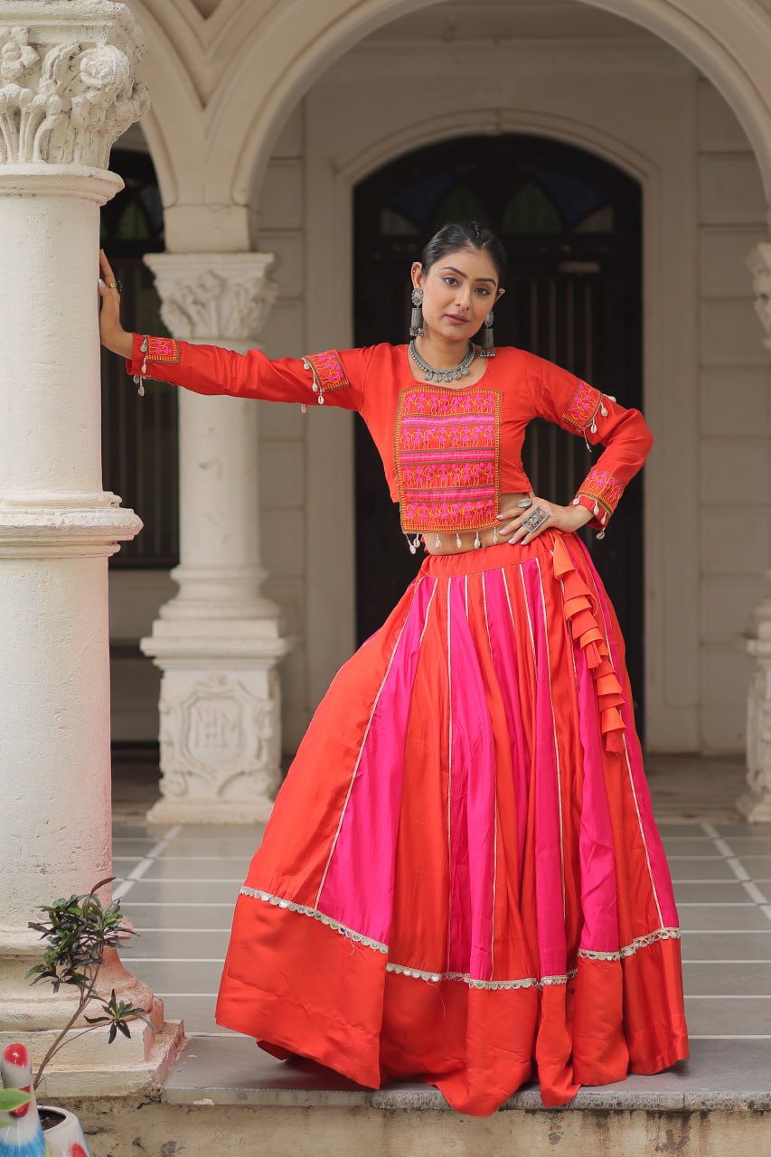 Red and pink mirror lace embellished Navratri Lehenga choli