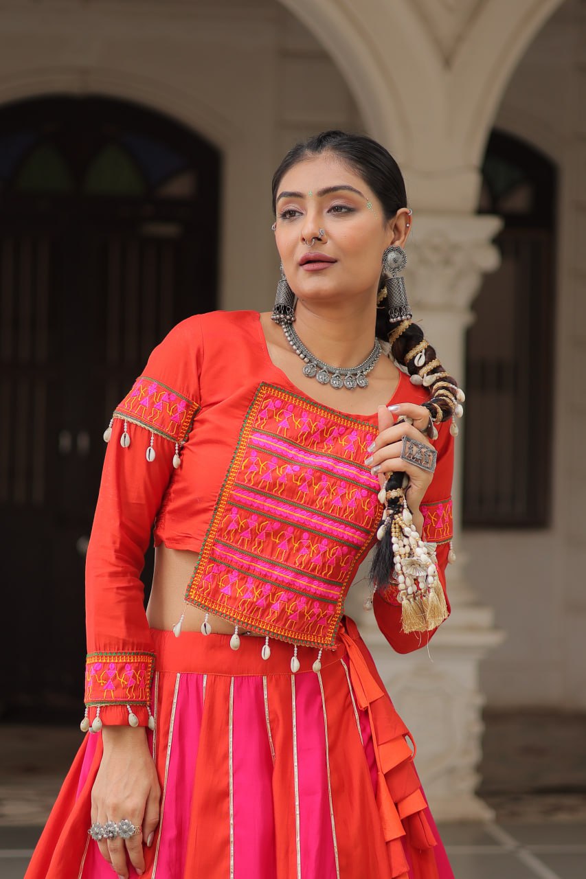 Red and pink mirror lace embellished Navratri Lehenga choli