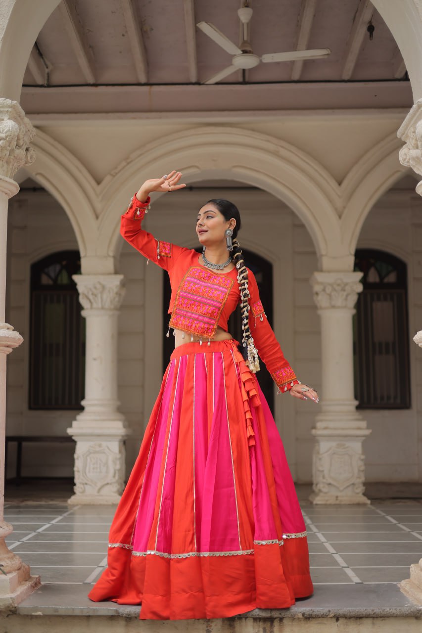 Red and pink mirror lace embellished Navratri Lehenga choli