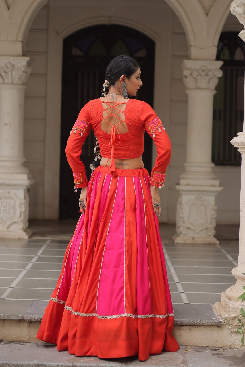 Red and pink mirror lace embellished Navratri Lehenga choli