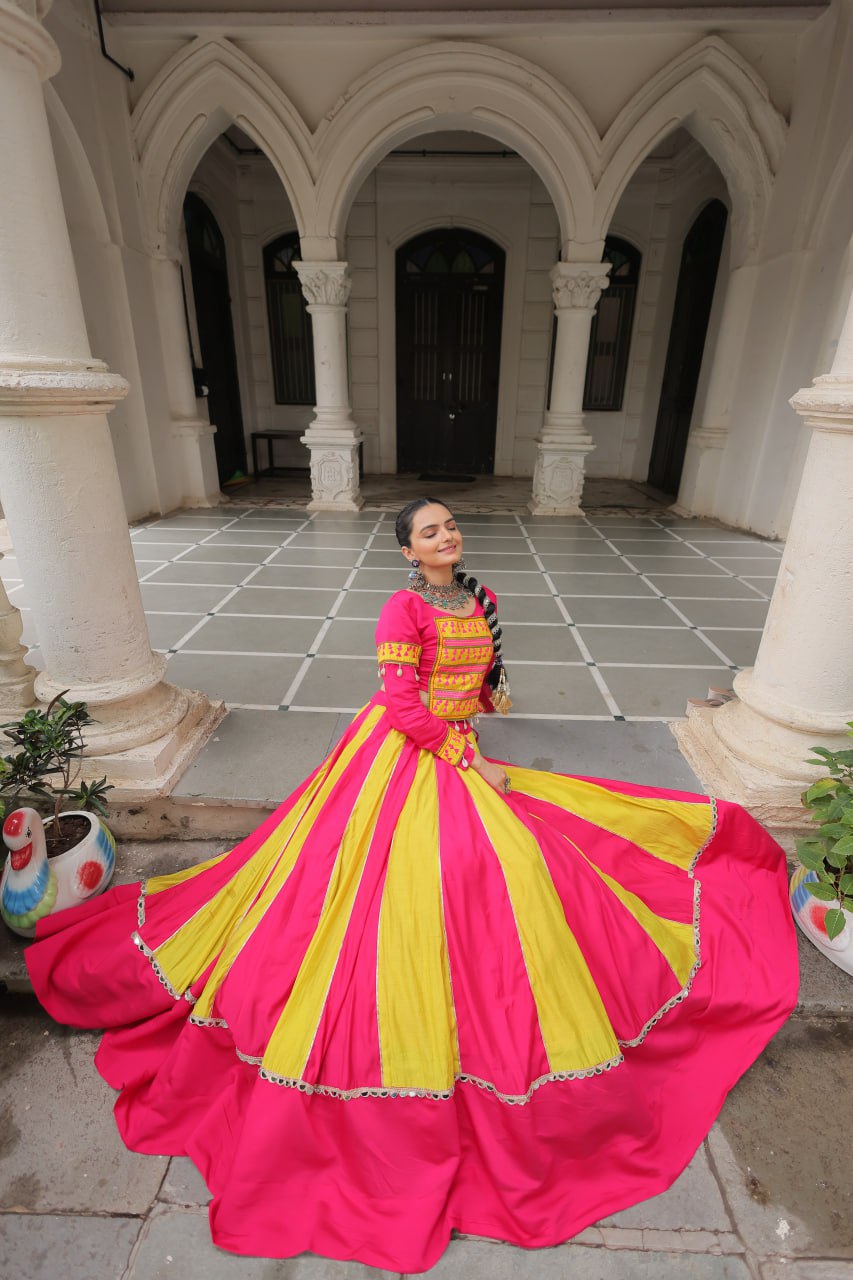 pink and yellow mirror lace embellished Navratri Lehenga Choli