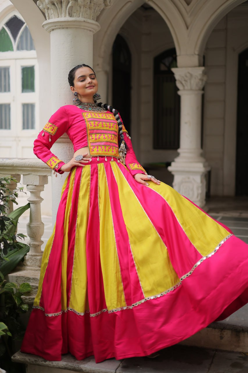 pink and yellow mirror lace embellished Navratri Lehenga Choli