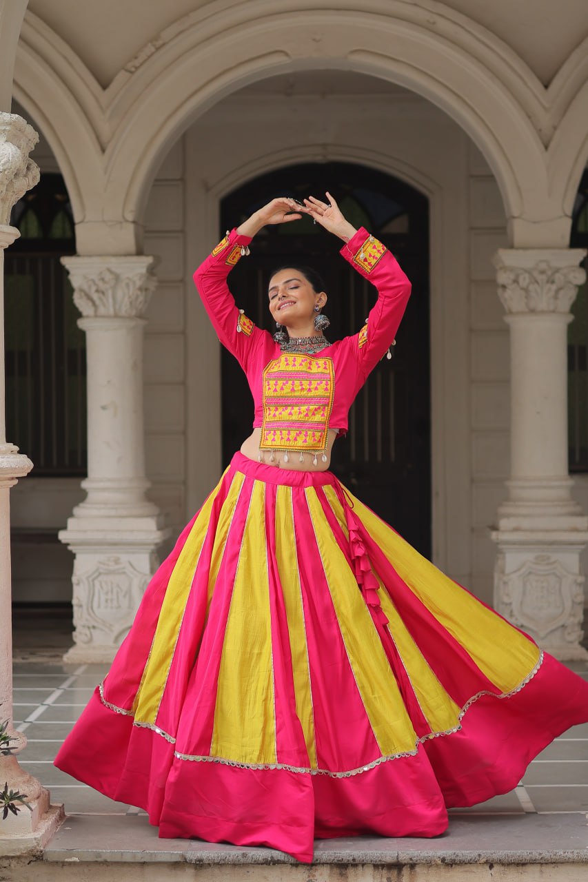pink and yellow mirror lace embellished Navratri Lehenga Choli