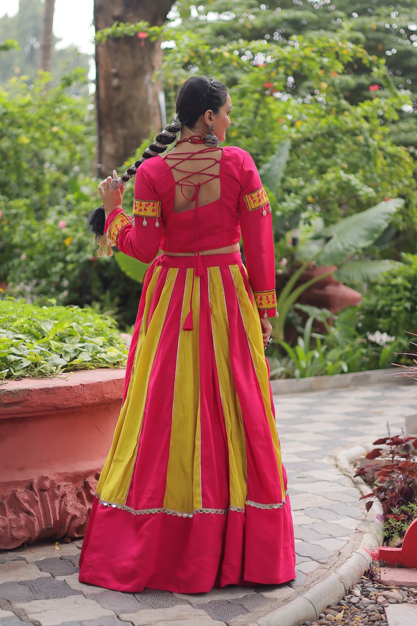 pink and yellow mirror lace embellished Navratri Lehenga Choli