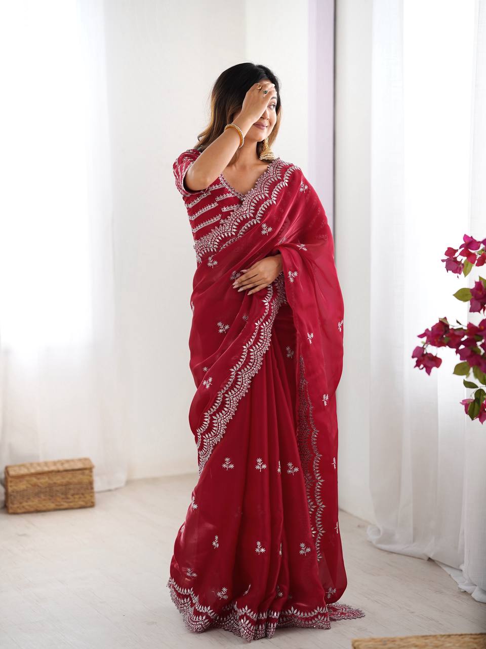 Red Embroidered Organza Saree