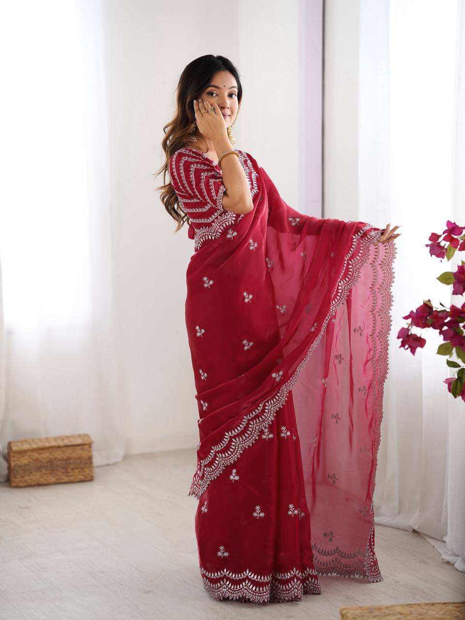 Red Embroidered Organza Saree