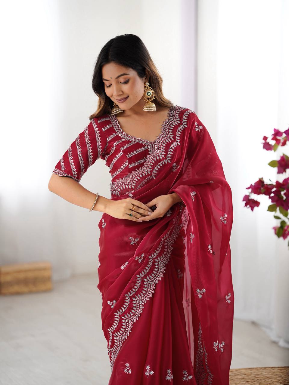 Red Embroidered Organza Saree