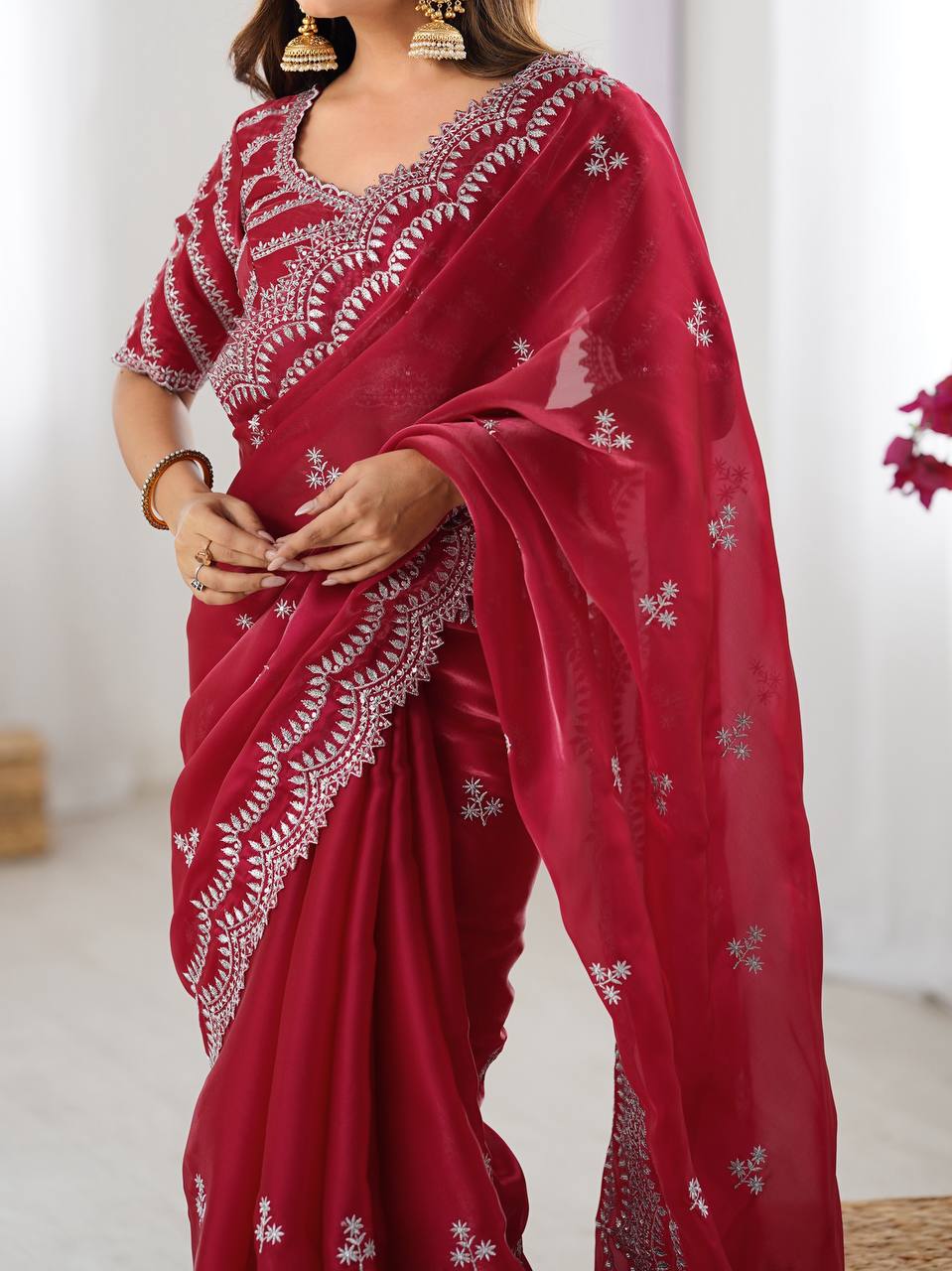 Red Embroidered Organza Saree