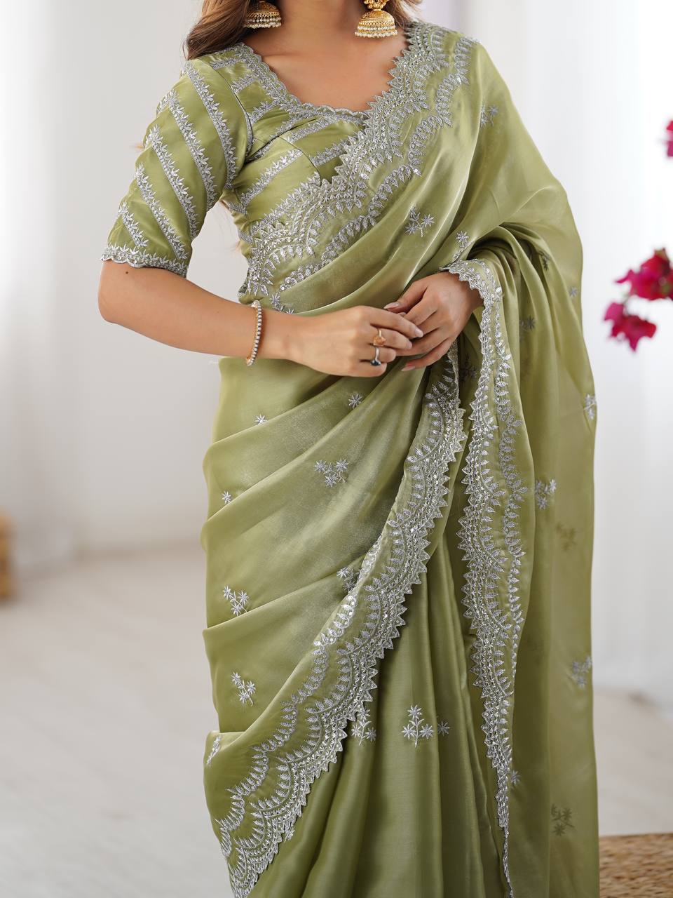 Pista Embroidered Organza Saree