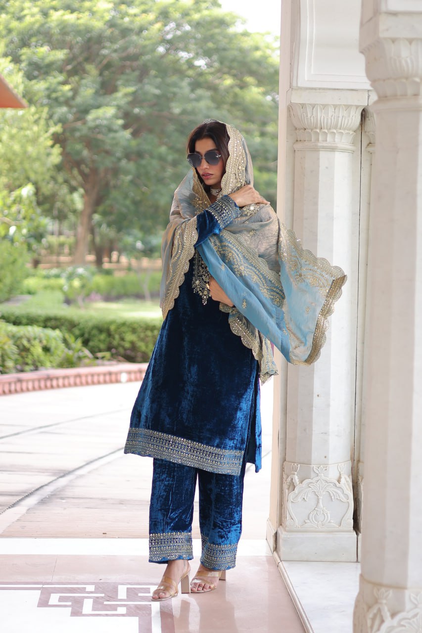 Blue Embroidered Velvet Straight Suit With Dupatta