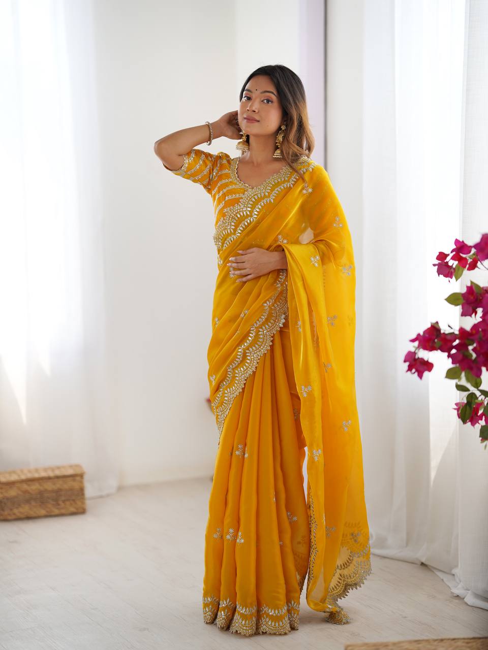 Yellow Embroidered Organza Saree