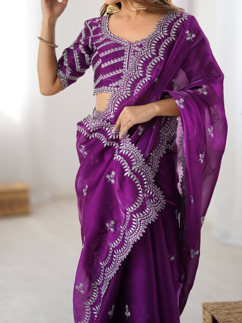 Purple Embroidered Organza Saree