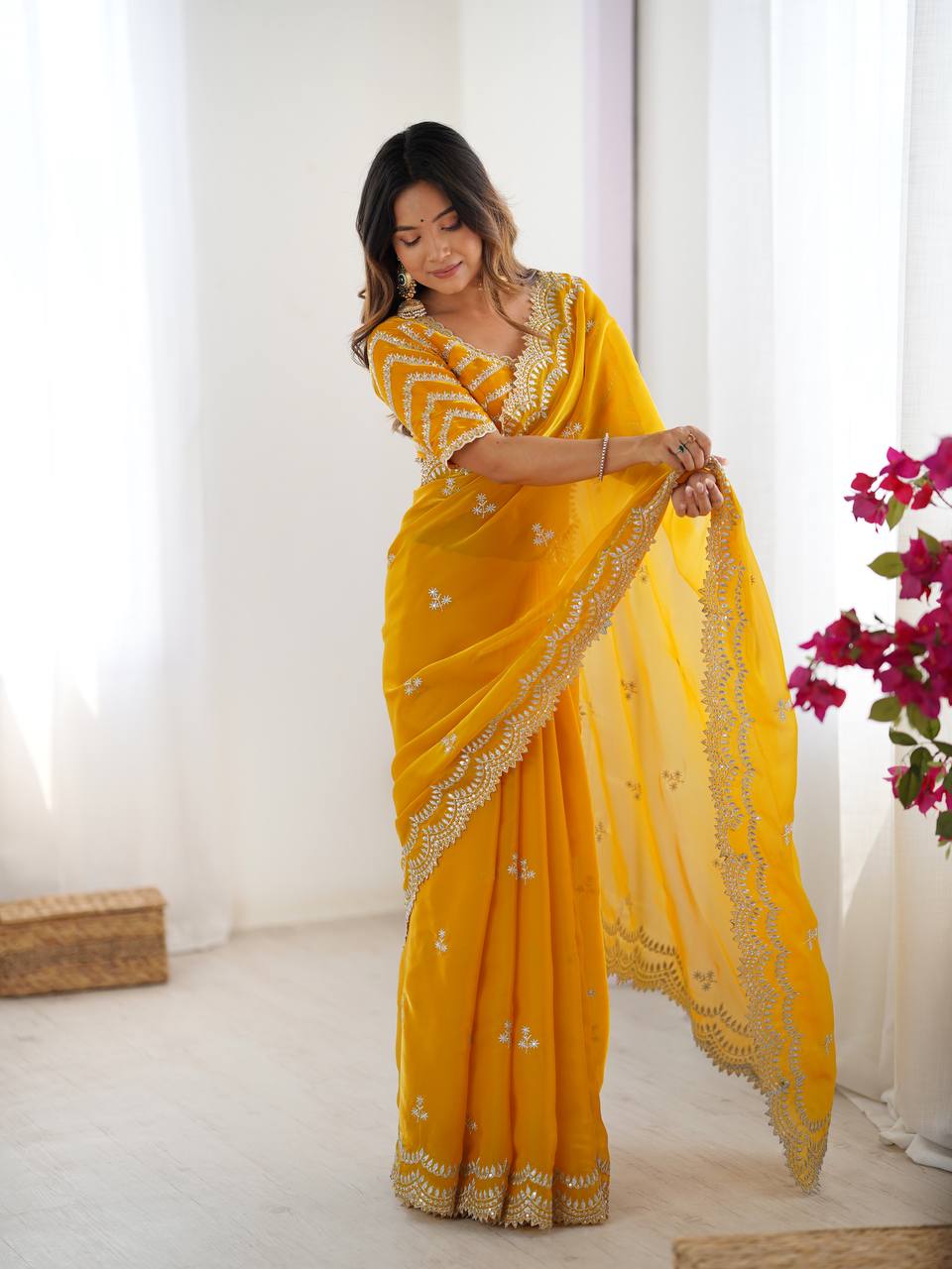 Yellow Embroidered Organza Saree