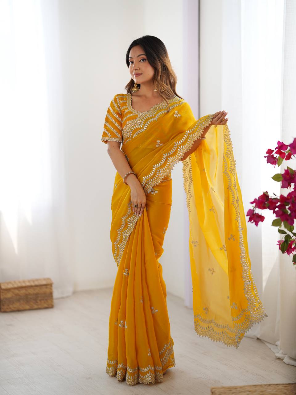 Yellow Embroidered Organza Saree