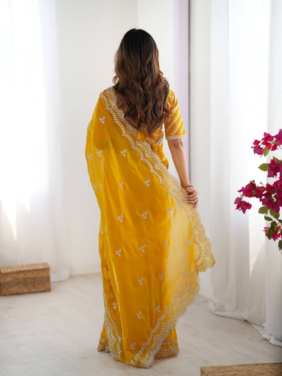 Yellow Embroidered Organza Saree