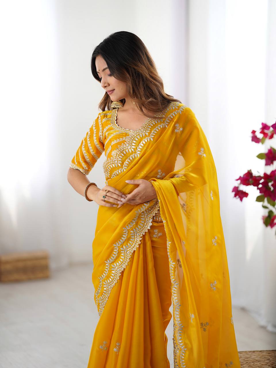 Yellow Embroidered Organza Saree