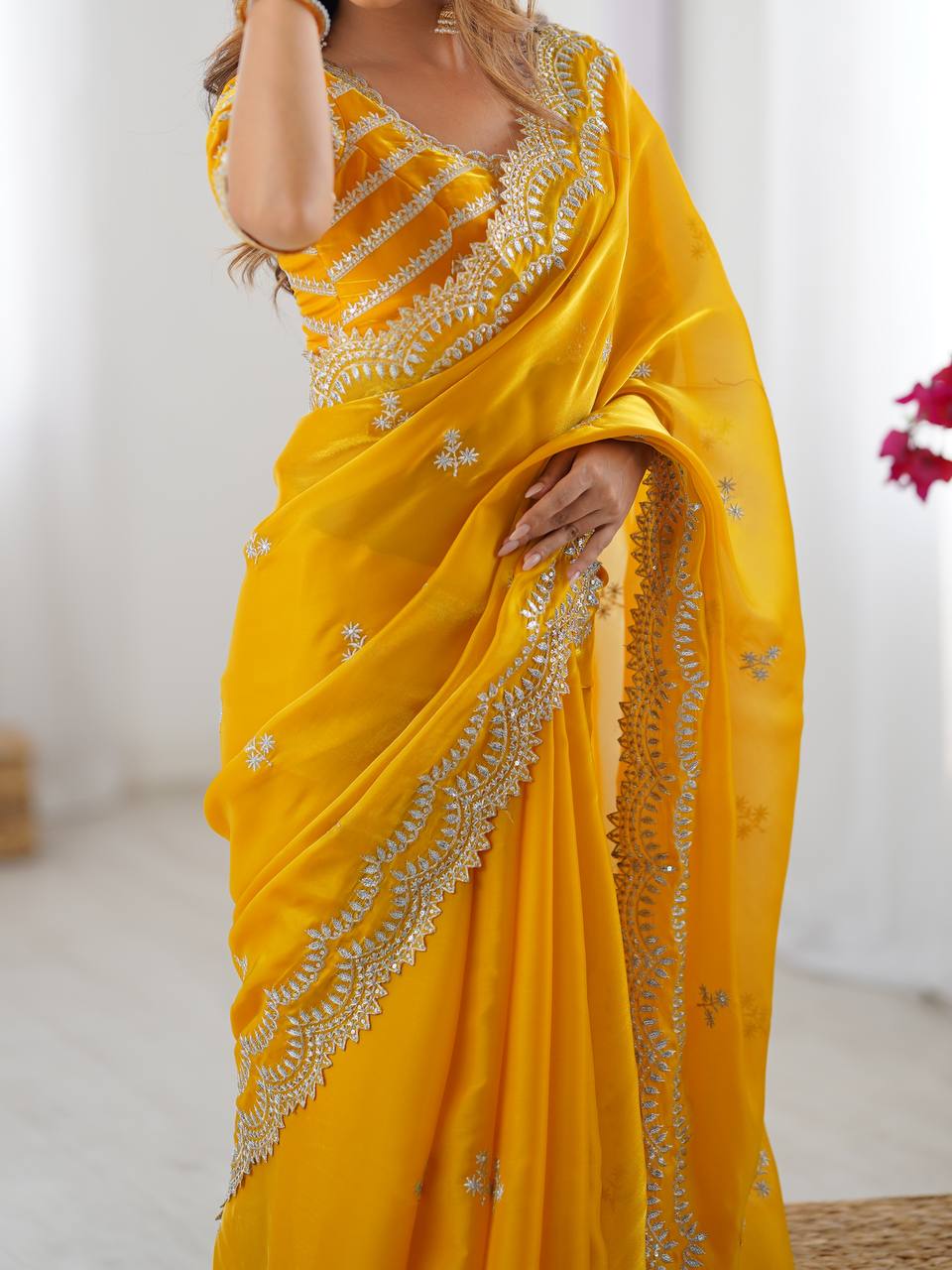 Yellow Embroidered Organza Saree