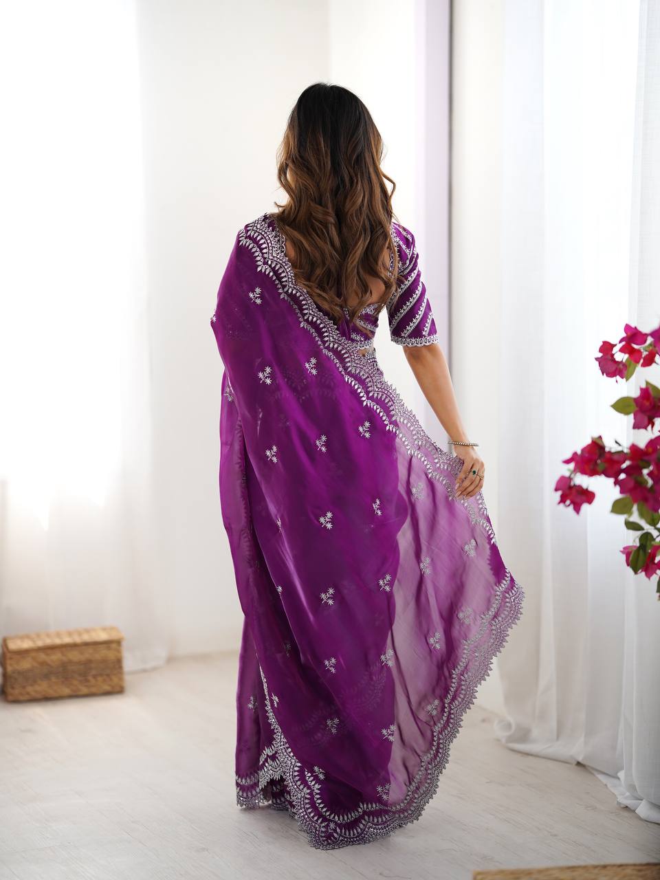 Purple Embroidered Organza Saree
