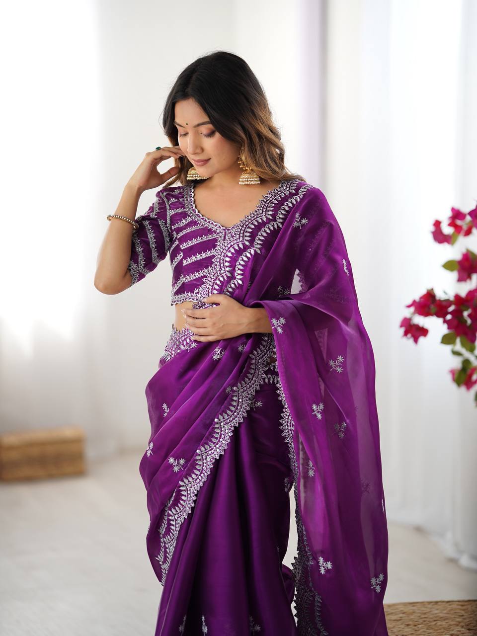Purple Embroidered Organza Saree