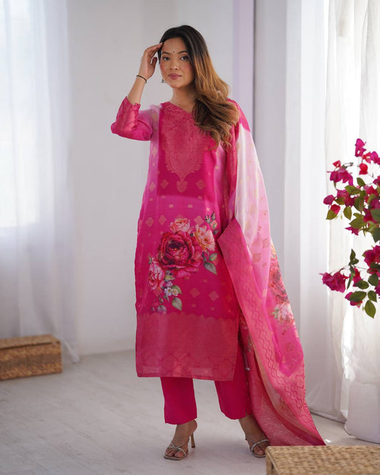 Pink Chanderi Silk Kurta Set For Women