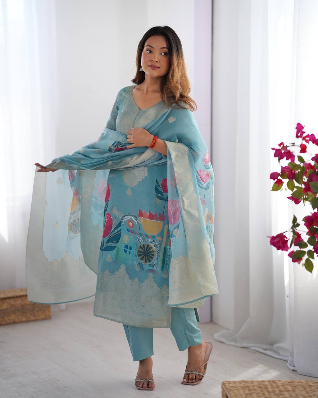 Teal Blue Chanderi Silk Kurta Set For Women