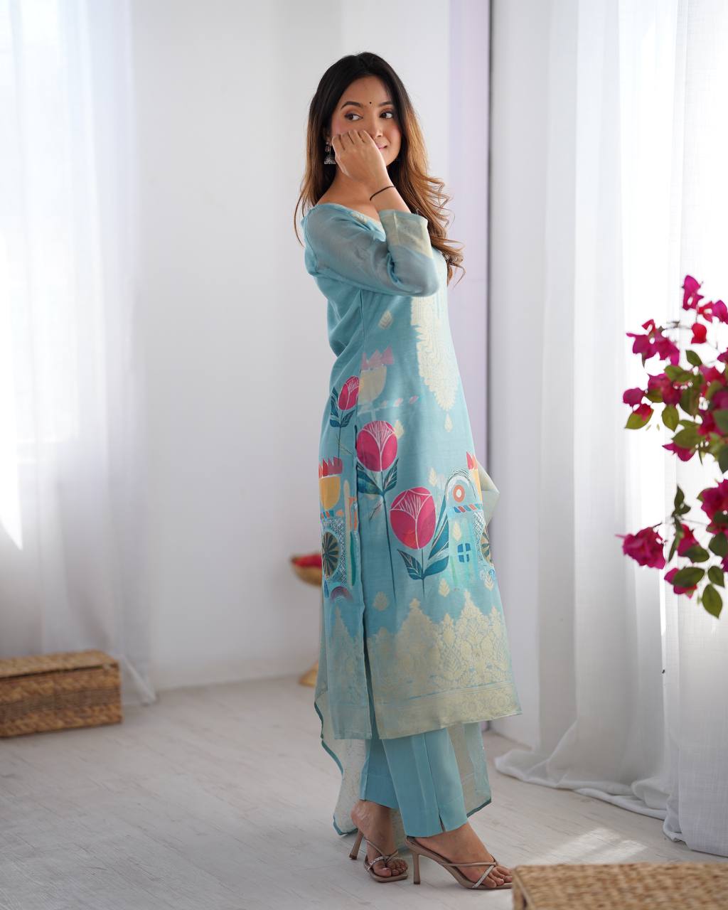 Teal Blue Chanderi Silk Kurta Set For Women