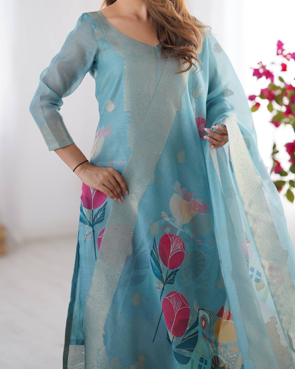 Teal Blue Chanderi Silk Kurta Set For Women