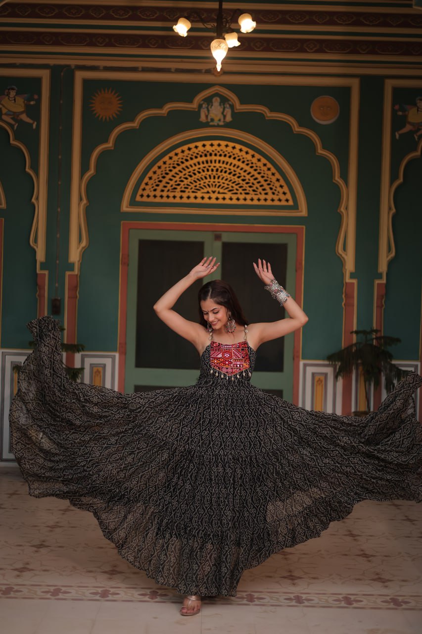 Black Georgette Bandhani Print Backless Dresses