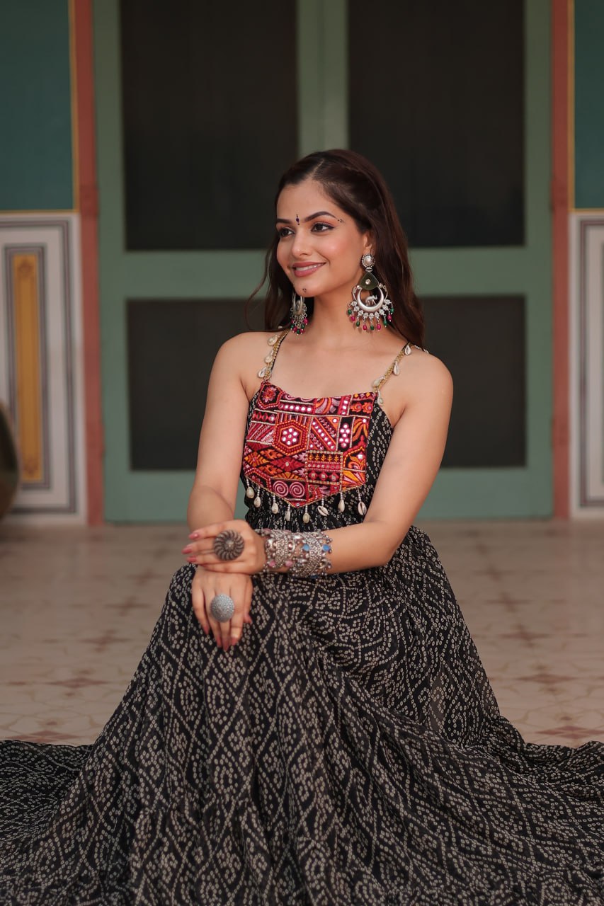 Black Georgette Bandhani Print Backless Dresses