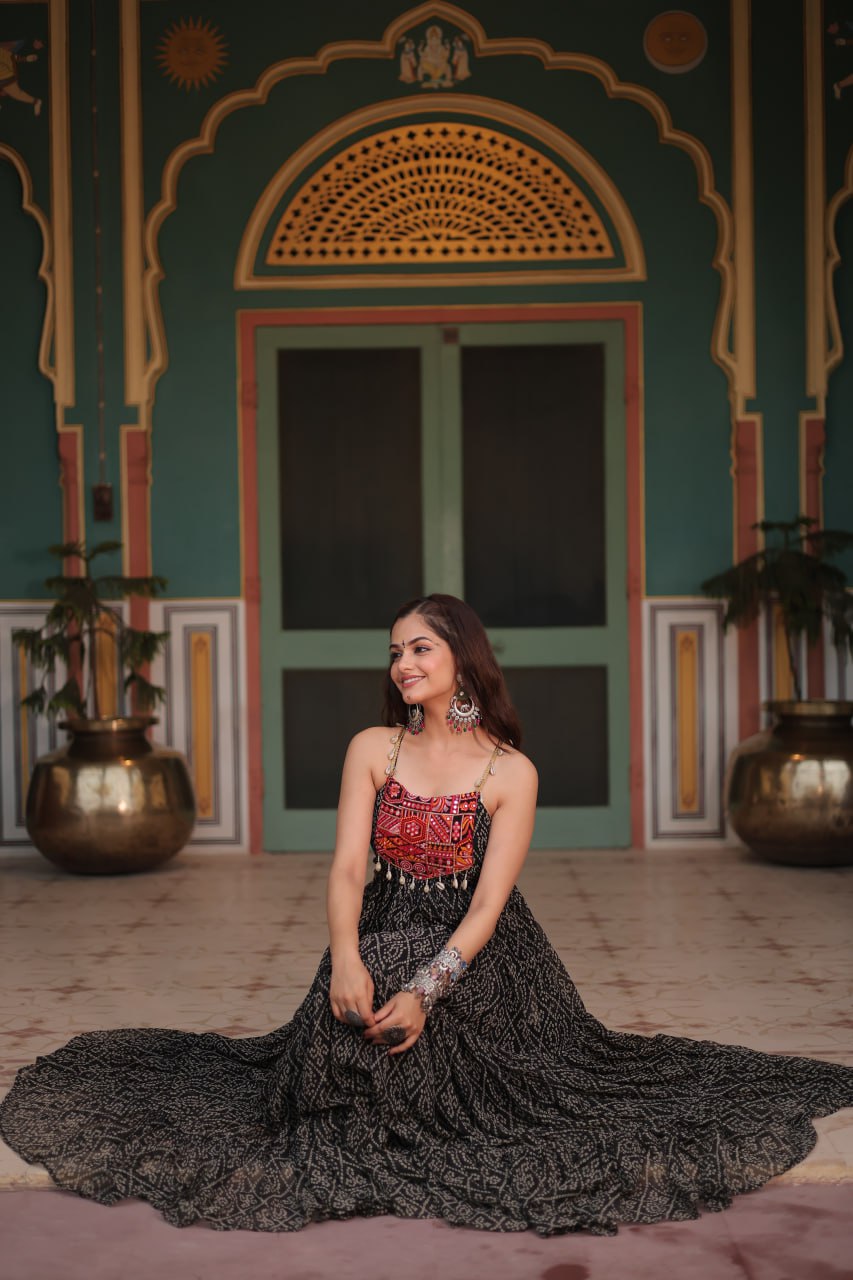 Black Georgette Bandhani Print Backless Dresses
