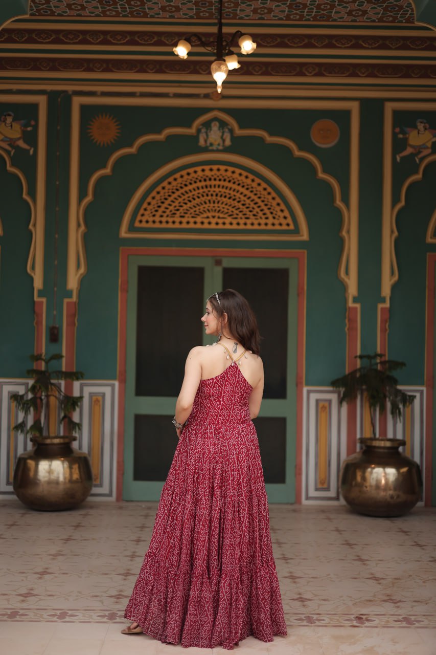 Maroon Georgette Bandhani Print Backless Dresses
